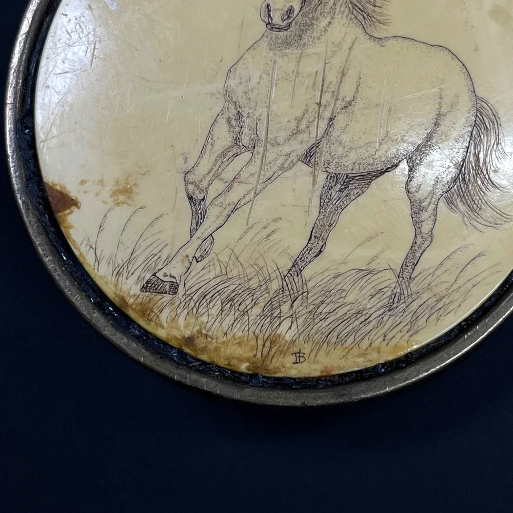 Barlow Belt Buckle Horse Scrimshaw Unisex Gold Vintage 1981 Solid Brass USA